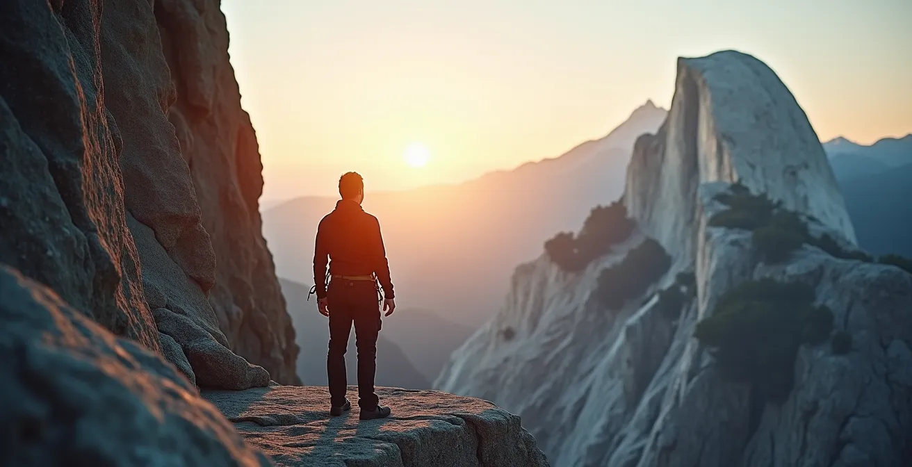 Mountain climber at a challenging plateau looking toward distant summit