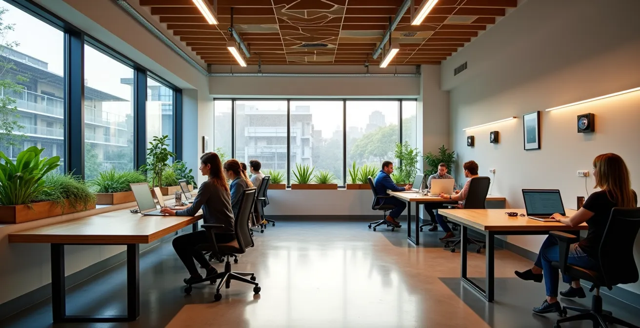 Wide angle view of a modern small business office showcasing integrated sustainable technologies in a minimalist environment