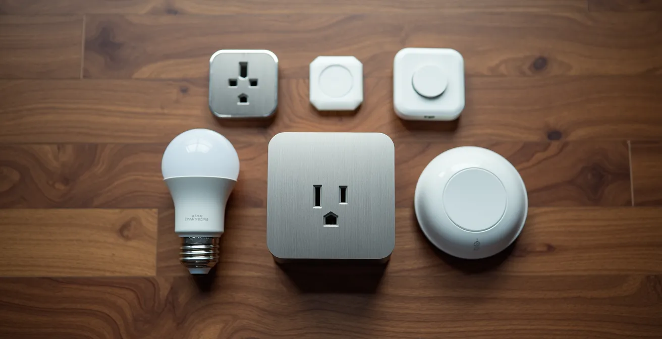 Overhead view of smart home starter devices arranged on wooden surface