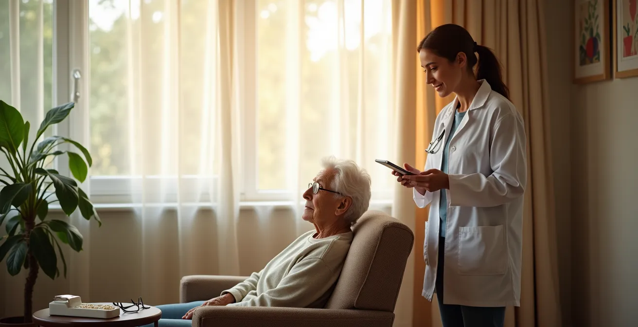 Family member assisting an elderly patient during a telemedicine consultation in a comfortable home environment