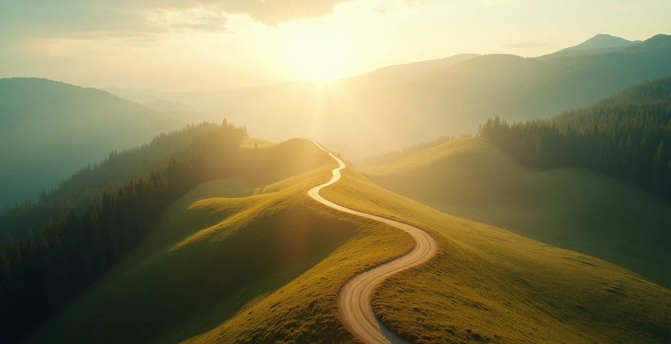 Abstract visualization of a winding path with milestone markers representing life stages