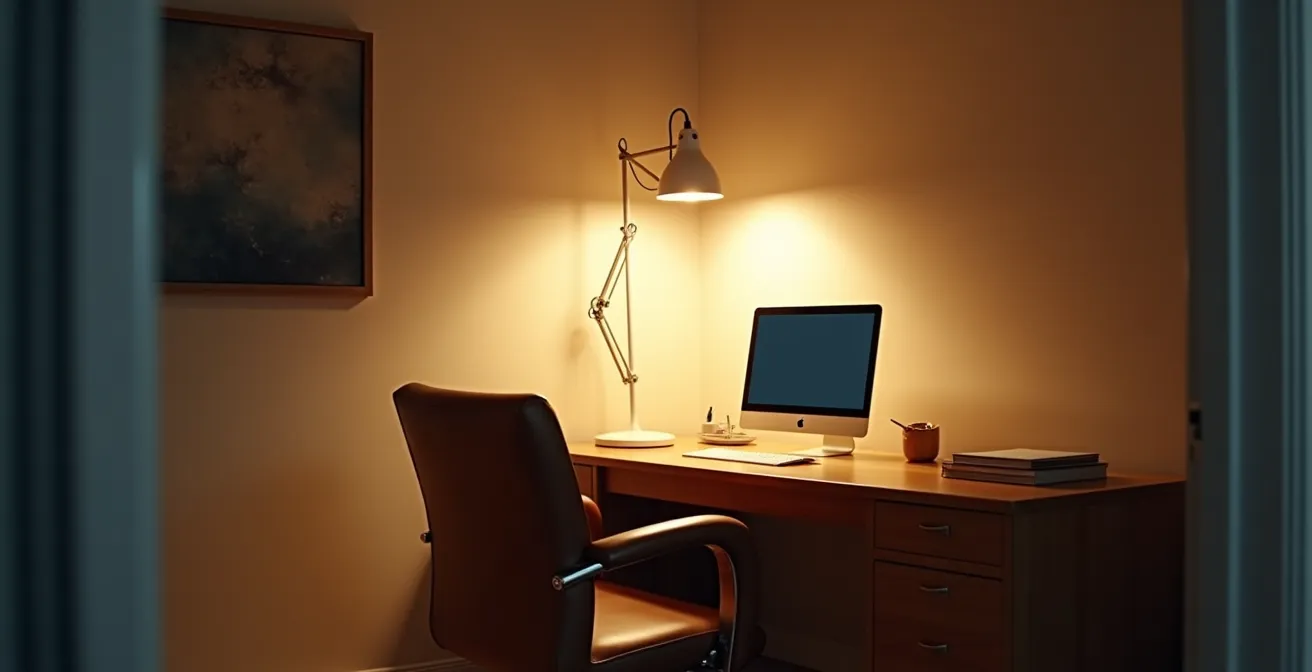 Interior showing ambient ceiling light, task desk lamp, and accent wall lighting working together