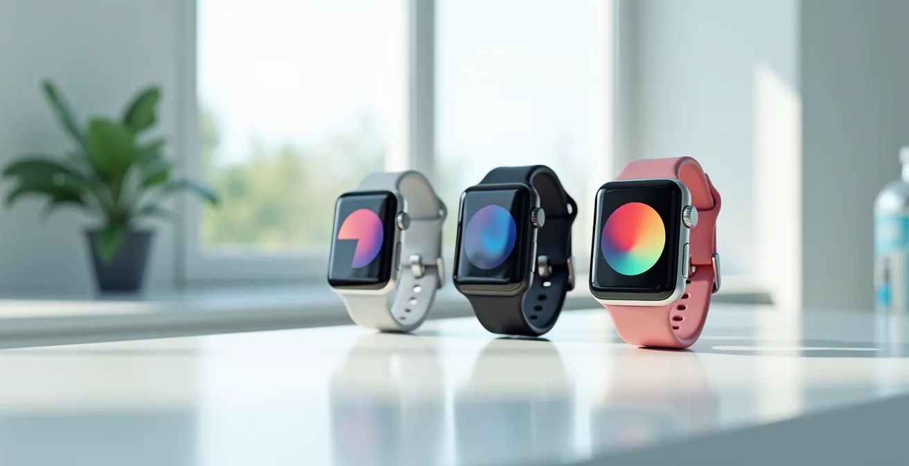 Three popular smartwatches displayed side by side showing different health monitoring interfaces