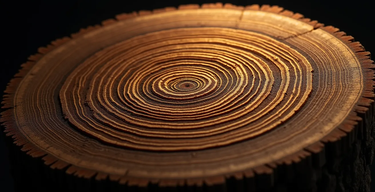 Macro detail of growth rings in ancient tree cross-section representing decades of patient wealth accumulation