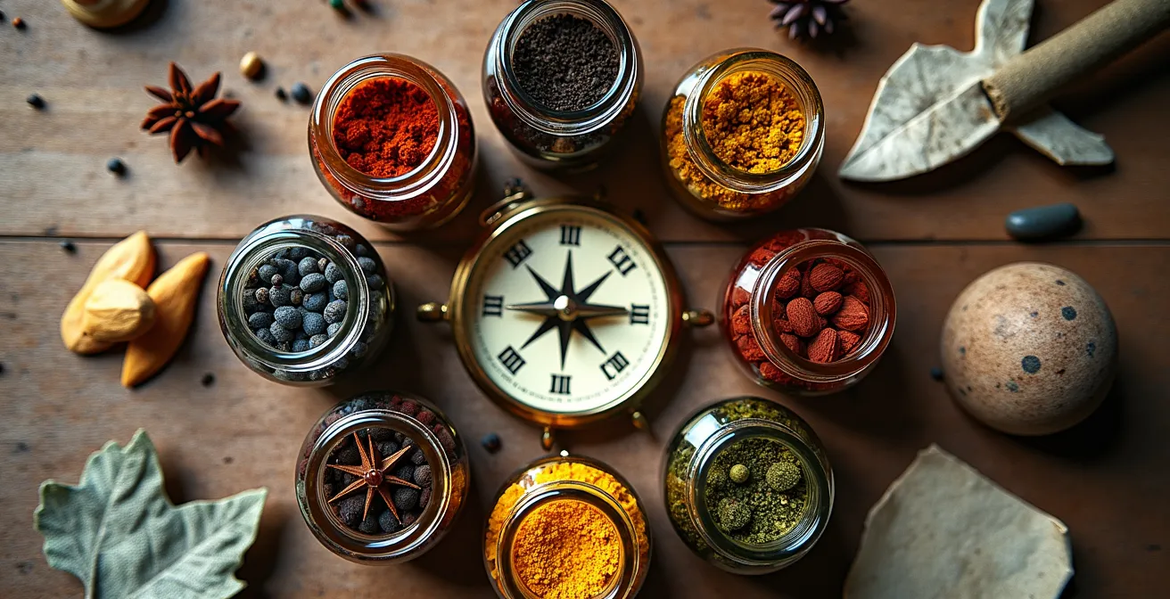 Flat lay of travel memory triggers including spices, pressed flowers, and handwritten notes