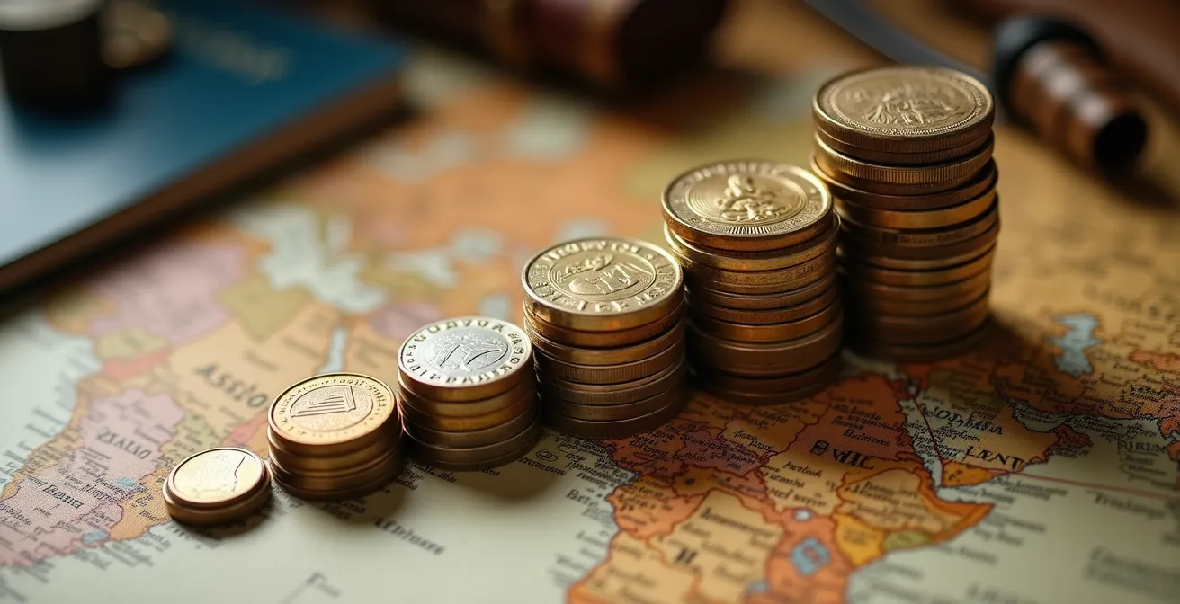 Macro shot of coins stacked on vintage map with passport in background