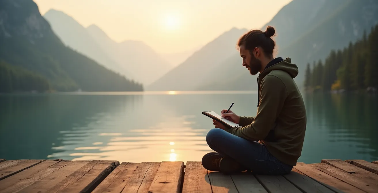 Person journaling travel reflections by a scenic mountain lake at sunset