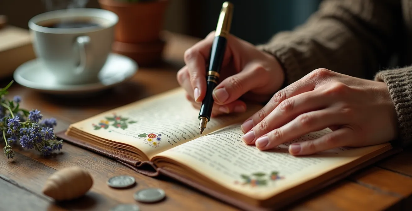 Close-up of hands writing in travel journal with pressed flowers