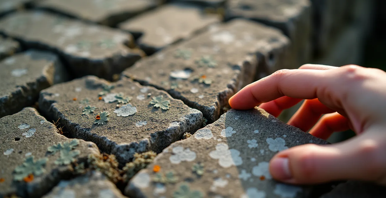 A visitor quietly observing UNESCO World Heritage site ruins at dawn, demonstrating respectful stewardship through mindful observation.