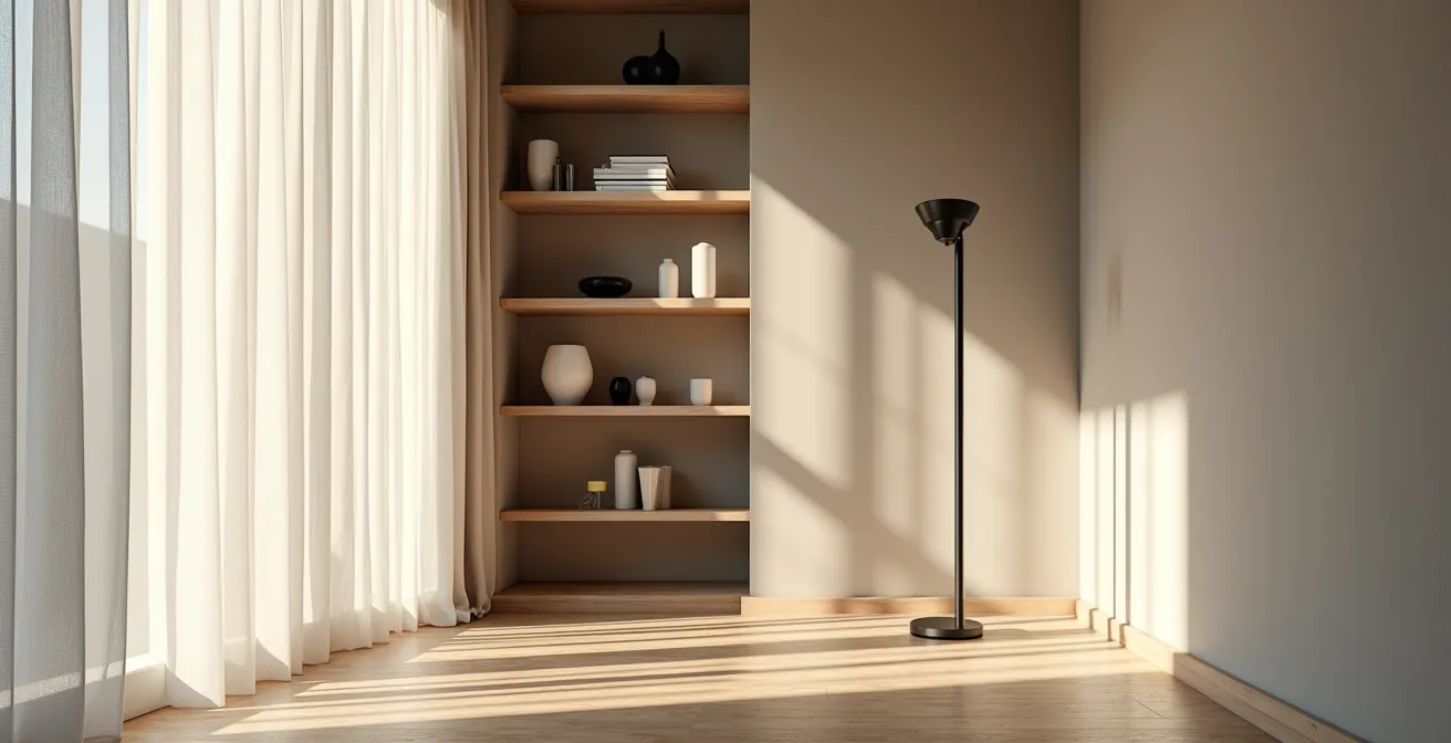 Room interior showing tall shelves and floor-to-ceiling curtains creating vertical emphasis